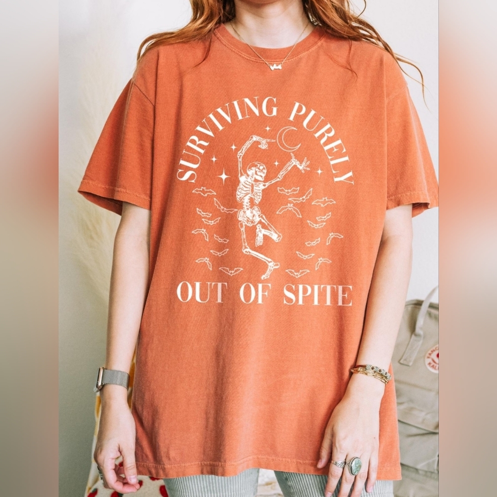 Surviving Purely Out of Spite Skeleton Graphic Tee Burnt Orange Women's Size 5X